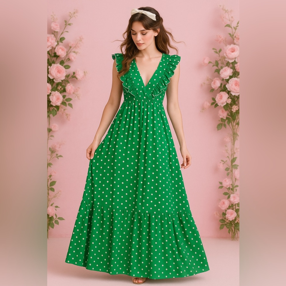 Chic Green Polka Dot Ruffle Maxi Dress ā Retro Coquette Vibes